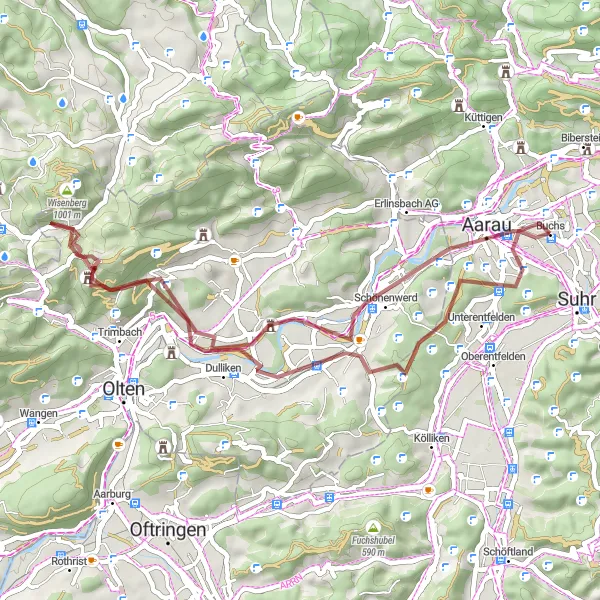 Map miniature of "Buchs Gravel Loop" cycling inspiration in Nordwestschweiz, Switzerland. Generated by Tarmacs.app cycling route planner