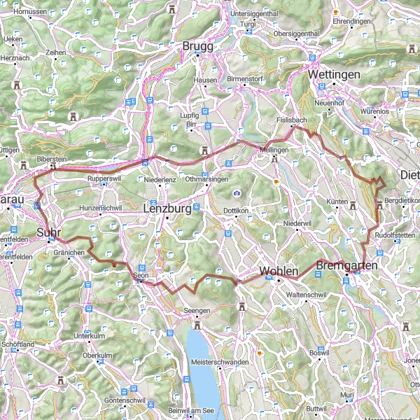 Miniatura della mappa di ispirazione al ciclismo "Tour in bicicletta da Buchs a Suhr" nella regione di Nordwestschweiz, Switzerland. Generata da Tarmacs.app, pianificatore di rotte ciclistiche