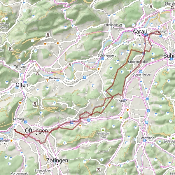 Miniatua del mapa de inspiración ciclista "Ruta de ciclismo de grava por Aarburg y Kölliken" en Nordwestschweiz, Switzerland. Generado por Tarmacs.app planificador de rutas ciclistas