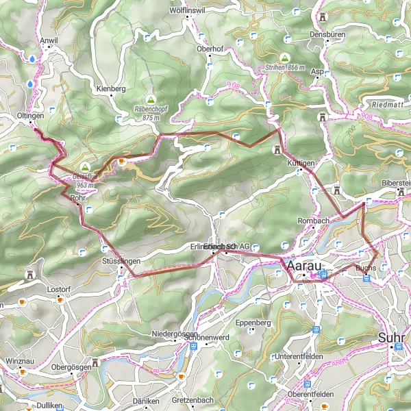 Zemljevid v pomanjšavi "Buchs - Oltingen - Küttigen Gravel Adventure" kolesarske inspiracije v Nordwestschweiz, Switzerland. Generirano z načrtovalcem kolesarskih poti Tarmacs.app