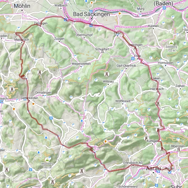 Map miniature of "Aarau and Beyond" cycling inspiration in Nordwestschweiz, Switzerland. Generated by Tarmacs.app cycling route planner