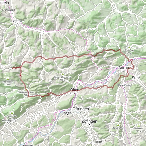 Miniatura della mappa di ispirazione al ciclismo "Tour in bicicletta gravel vicino a Buchs, Svizzera" nella regione di Nordwestschweiz, Switzerland. Generata da Tarmacs.app, pianificatore di rotte ciclistiche
