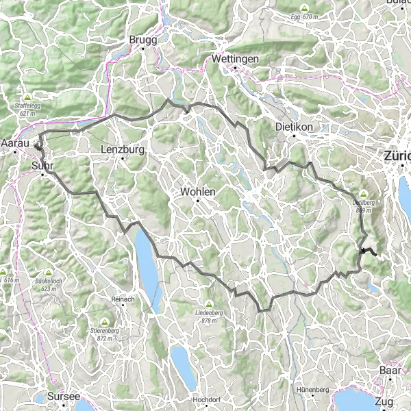 Miniatua del mapa de inspiración ciclista "Vuelta en bicicleta de carretera por Mellingen y Uetliberg" en Nordwestschweiz, Switzerland. Generado por Tarmacs.app planificador de rutas ciclistas