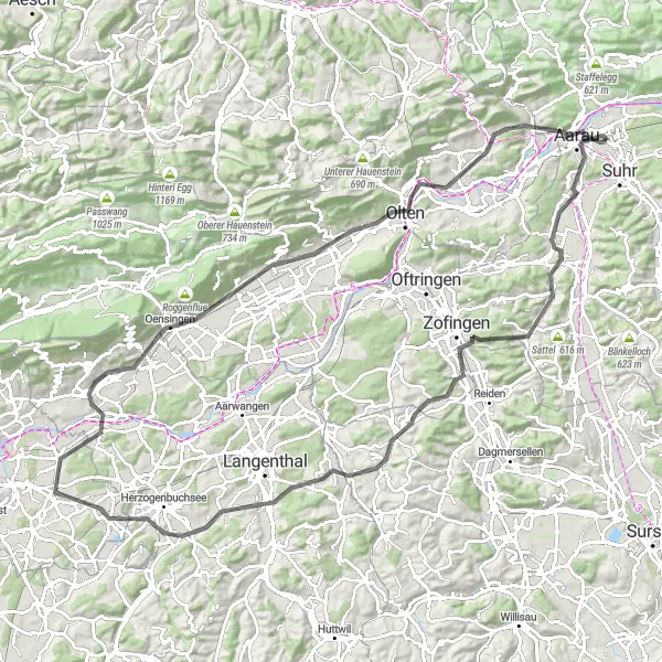 Miniatua del mapa de inspiración ciclista "Ruta de ciclismo de carretera a través de Alpenzeiger y Lotzwil" en Nordwestschweiz, Switzerland. Generado por Tarmacs.app planificador de rutas ciclistas