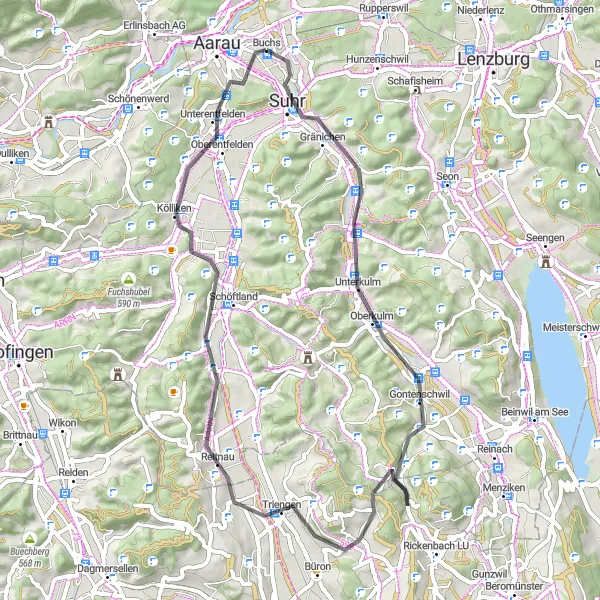 Miniatua del mapa de inspiración ciclista "Aventura en bicicleta por Teufenthal y Reitnau" en Nordwestschweiz, Switzerland. Generado por Tarmacs.app planificador de rutas ciclistas