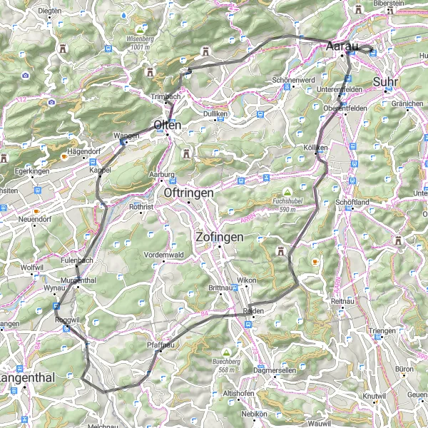 Miniatua del mapa de inspiración ciclista "Ruta de ciclismo de carretera por Olten y Aarau" en Nordwestschweiz, Switzerland. Generado por Tarmacs.app planificador de rutas ciclistas