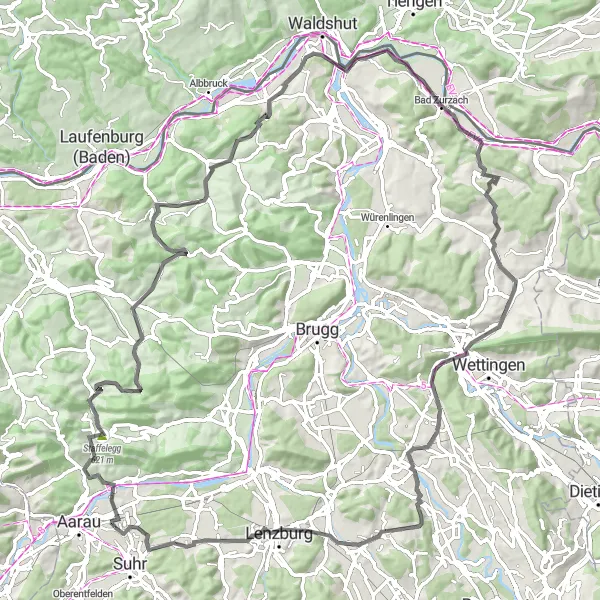 Map miniature of "Challenging Loop through Northern Switzerland" cycling inspiration in Nordwestschweiz, Switzerland. Generated by Tarmacs.app cycling route planner