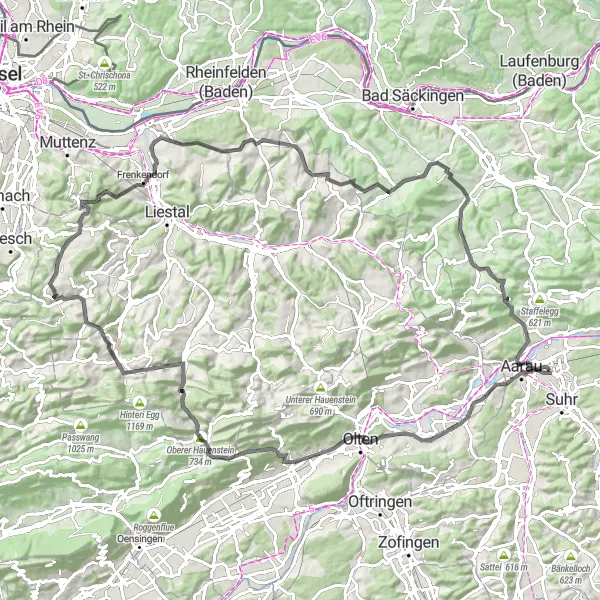 Mapa miniatúra "Výlet zo západnej Švajčiarska na cyklistických cestách" cyklistická inšpirácia v Nordwestschweiz, Switzerland. Vygenerované cyklistickým plánovačom trás Tarmacs.app