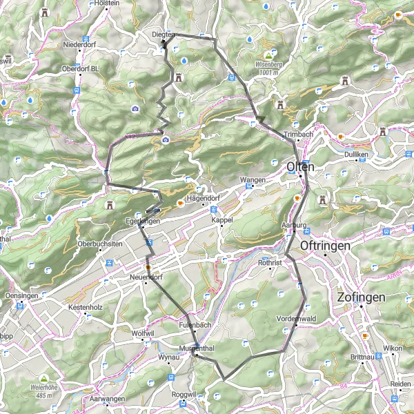 Zemljevid v pomanjšavi "Road Route from Diegten to Eptingen" kolesarske inspiracije v Nordwestschweiz, Switzerland. Generirano z načrtovalcem kolesarskih poti Tarmacs.app