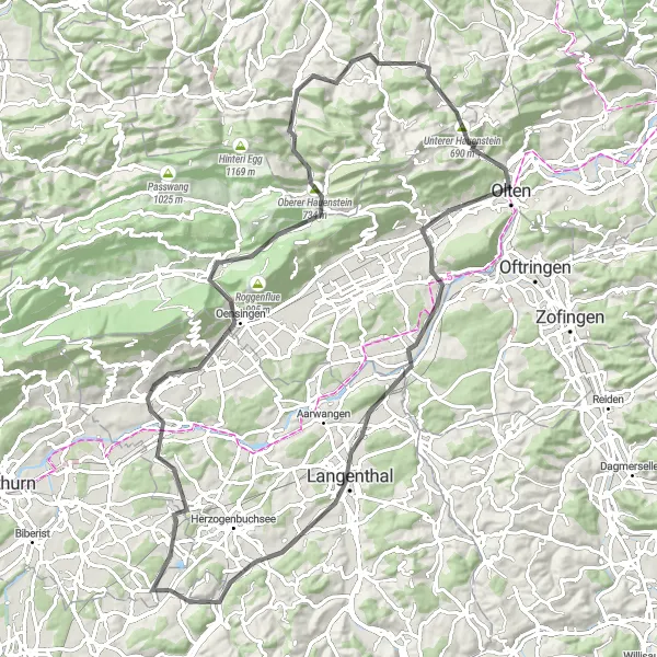 Miniaturekort af cykelinspirationen "Hauenstein-Route" i Nordwestschweiz, Switzerland. Genereret af Tarmacs.app cykelruteplanlægger