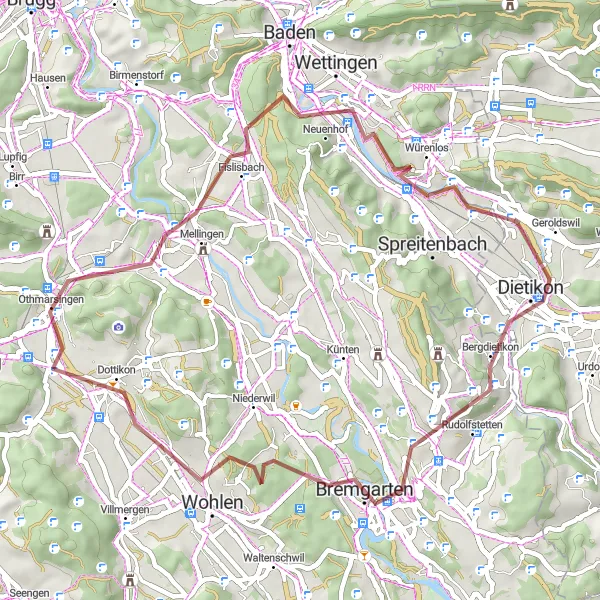 Miniaturní mapa "Gravel Tour around Dottikon" inspirace pro cyklisty v oblasti Nordwestschweiz, Switzerland. Vytvořeno pomocí plánovače tras Tarmacs.app
