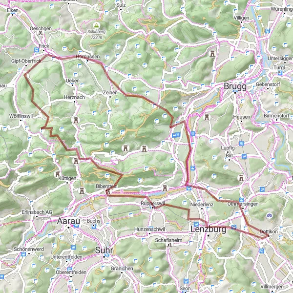 Miniature de la carte de l'inspiration cycliste "Balade à vélo de gravier autour de Dottikon" dans la Nordwestschweiz, Switzerland. Générée par le planificateur d'itinéraire cycliste Tarmacs.app