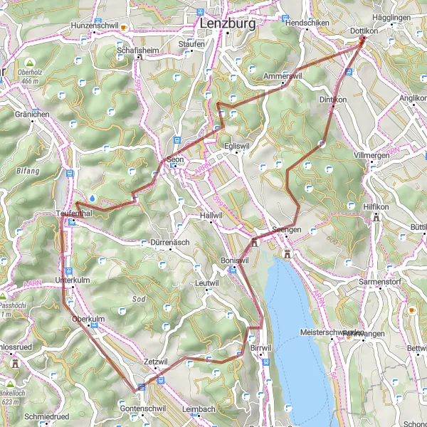 Miniatura della mappa di ispirazione al ciclismo "Esplorazione gravel tra Dottikon e Hendschiken" nella regione di Nordwestschweiz, Switzerland. Generata da Tarmacs.app, pianificatore di rotte ciclistiche