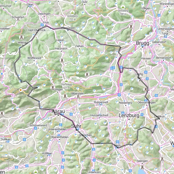 Mapa miniatúra "Okruhová cyklistická trasa cez Aarau a Bözbergpass" cyklistická inšpirácia v Nordwestschweiz, Switzerland. Vygenerované cyklistickým plánovačom trás Tarmacs.app