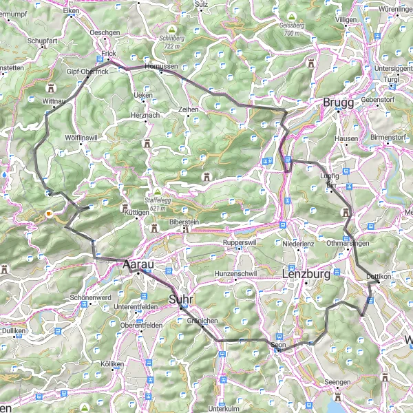 Miniaturekort af cykelinspirationen "Aarau til Bözbergpass cykelrute" i Nordwestschweiz, Switzerland. Genereret af Tarmacs.app cykelruteplanlægger