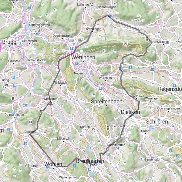 Kartminiatyr av "Dottikon - Wasserturm Baldegg - Baden - Regensberg - Hasleren - Dietikon - Mutschellenpass - Wohlen" sykkelinspirasjon i Nordwestschweiz, Switzerland. Generert av Tarmacs.app sykkelrutoplanlegger