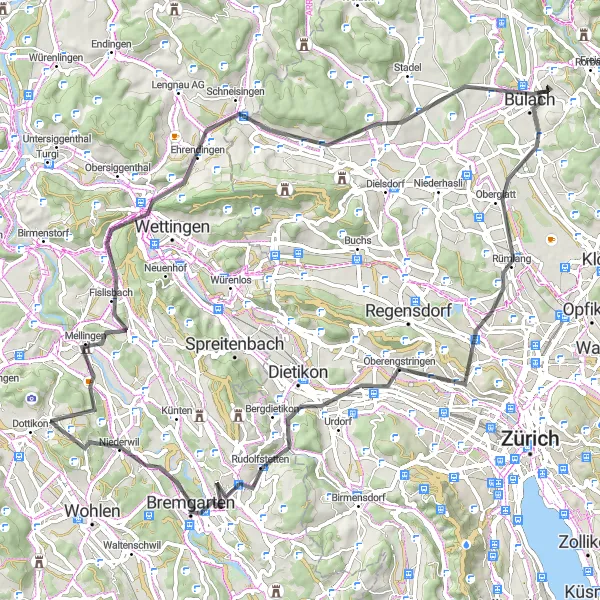 Miniatura della mappa di ispirazione al ciclismo "Pedalata epica da Dottikon a Rümlang" nella regione di Nordwestschweiz, Switzerland. Generata da Tarmacs.app, pianificatore di rotte ciclistiche