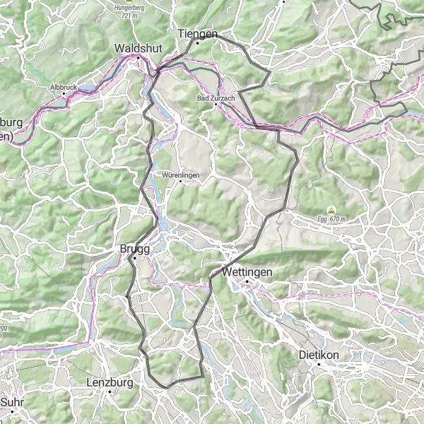 Zemljevid v pomanjšavi "Potovanje po cesti v Nordwestschweiz" kolesarske inspiracije v Nordwestschweiz, Switzerland. Generirano z načrtovalcem kolesarskih poti Tarmacs.app