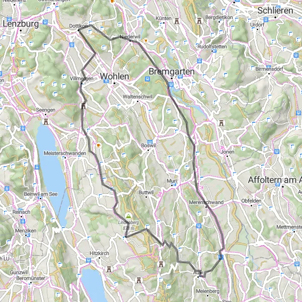 Mapa miniatúra "Road Route From Dottikon to Dreihägen" cyklistická inšpirácia v Nordwestschweiz, Switzerland. Vygenerované cyklistickým plánovačom trás Tarmacs.app