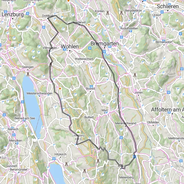 Karten-Miniaturansicht der Radinspiration "Aristau und Lindenberg Rundkurs" in Nordwestschweiz, Switzerland. Erstellt vom Tarmacs.app-Routenplaner für Radtouren