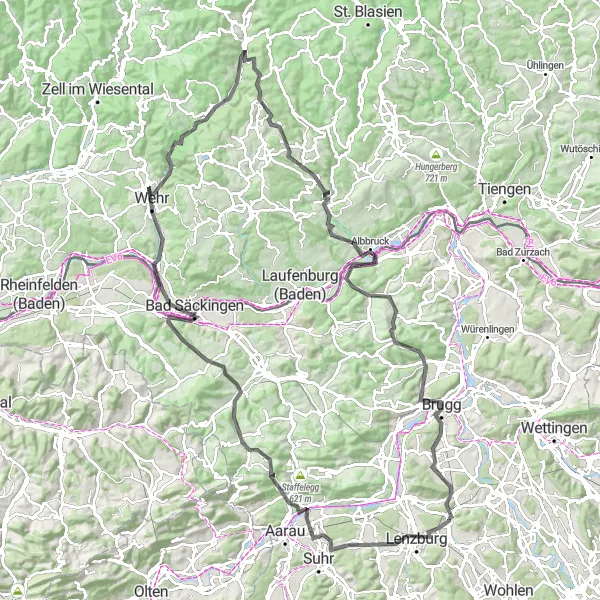 Miniatua del mapa de inspiración ciclista "Ruta en Bicicleta de Carretera Dottikon - Nordoeste de Suiza (II)" en Nordwestschweiz, Switzerland. Generado por Tarmacs.app planificador de rutas ciclistas