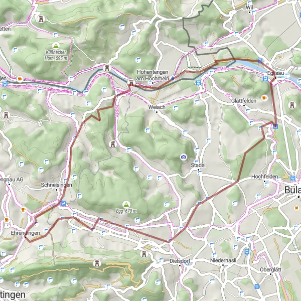 Zemljevid v pomanjšavi "Gorska kolesarska avantura okoli Ehrendingena" kolesarske inspiracije v Nordwestschweiz, Switzerland. Generirano z načrtovalcem kolesarskih poti Tarmacs.app