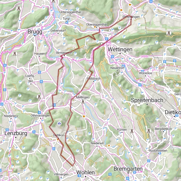 Mapa miniatúra "Gravelová cesta cez Maiengrünturm a Mellingen" cyklistická inšpirácia v Nordwestschweiz, Switzerland. Vygenerované cyklistickým plánovačom trás Tarmacs.app