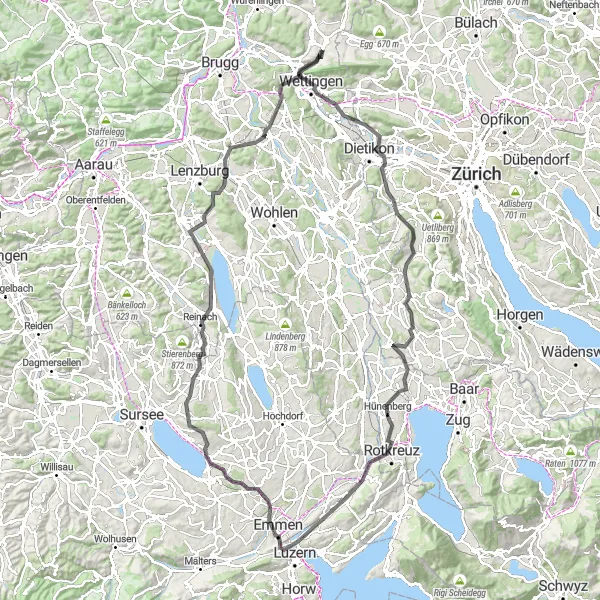 Kartminiatyr av "Baden til Baldegg Historisk Utforskning" sykkelinspirasjon i Nordwestschweiz, Switzerland. Generert av Tarmacs.app sykkelrutoplanlegger