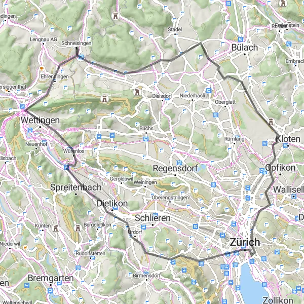 Miniatura della mappa di ispirazione al ciclismo "Giro in bicicletta da Ehrendingen a Zurigo" nella regione di Nordwestschweiz, Switzerland. Generata da Tarmacs.app, pianificatore di rotte ciclistiche