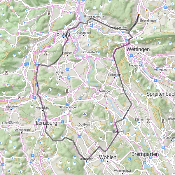 Mapa miniatúra "Cyklotúra cez Wohlen a Windisch" cyklistická inšpirácia v Nordwestschweiz, Switzerland. Vygenerované cyklistickým plánovačom trás Tarmacs.app