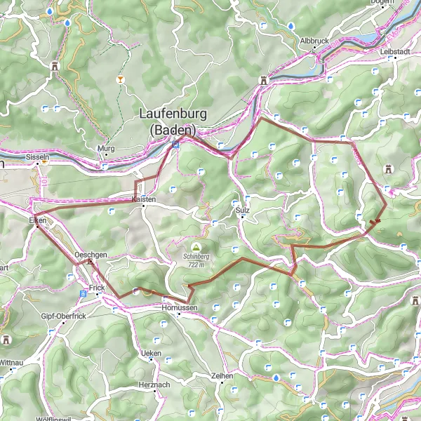 Zemljevid v pomanjšavi "Raziskovanje slikovitih poti blizu Eikna" kolesarske inspiracije v Nordwestschweiz, Switzerland. Generirano z načrtovalcem kolesarskih poti Tarmacs.app