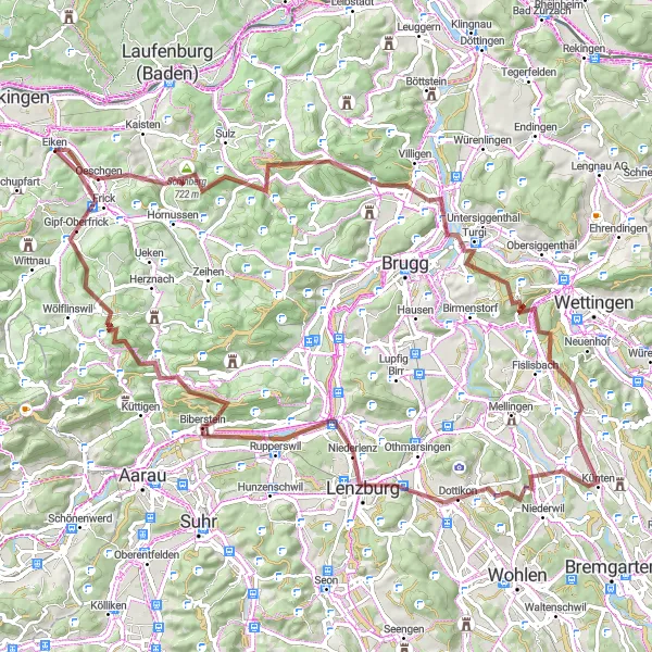 Miniature de la carte de l'inspiration cycliste "Parcours des collines de Schinberg à Gipf-Oberfrick" dans la Nordwestschweiz, Switzerland. Générée par le planificateur d'itinéraire cycliste Tarmacs.app