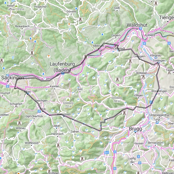 Miniaturní mapa "Jízda po silnici okolo řeky Rýn" inspirace pro cyklisty v oblasti Nordwestschweiz, Switzerland. Vytvořeno pomocí plánovače tras Tarmacs.app