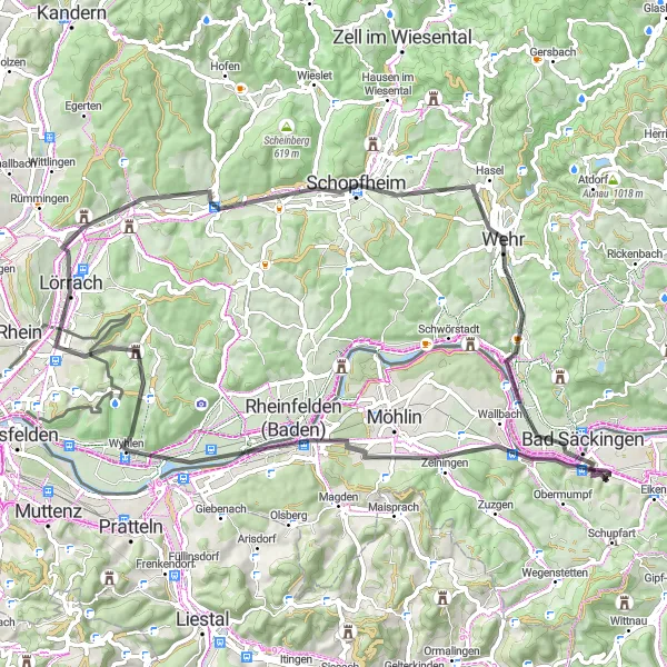 Map miniature of "The Hilly Loop" cycling inspiration in Nordwestschweiz, Switzerland. Generated by Tarmacs.app cycling route planner