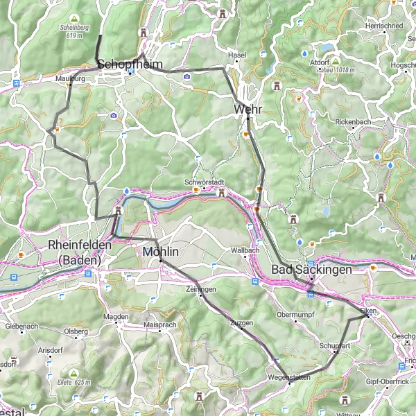 Mapa miniatúra "Historic Road Journey to Bad Säckingen" cyklistická inšpirácia v Nordwestschweiz, Switzerland. Vygenerované cyklistickým plánovačom trás Tarmacs.app