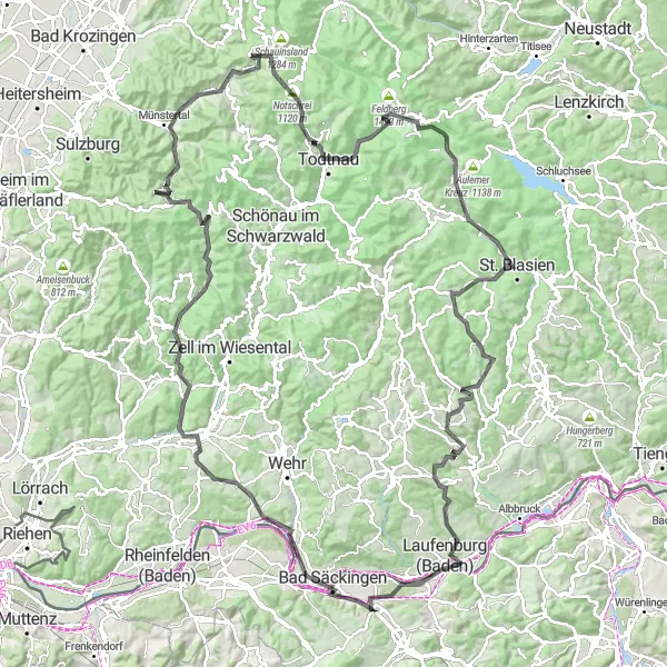 Miniatua del mapa de inspiración ciclista "Ruta en Carretera de Humbel a Hans-Thoma-Blick" en Nordwestschweiz, Switzerland. Generado por Tarmacs.app planificador de rutas ciclistas