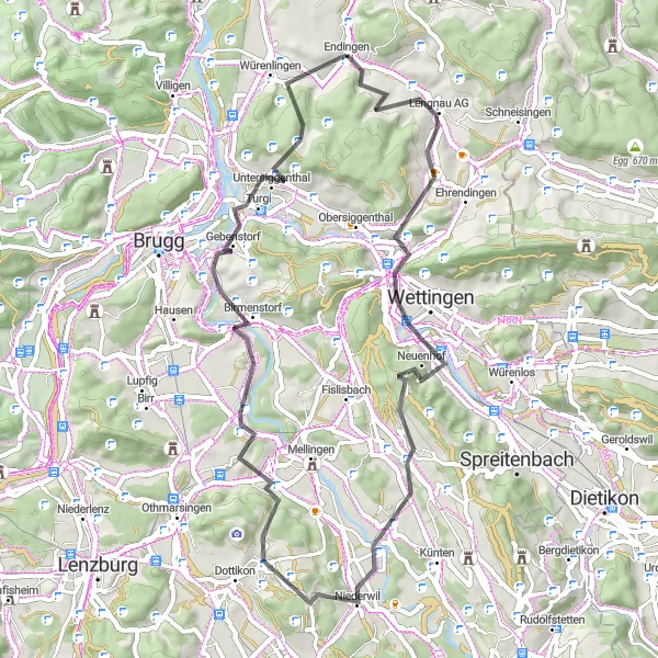 Miniaturní mapa "Trasa Lengnau AG - Würenlingen" inspirace pro cyklisty v oblasti Nordwestschweiz, Switzerland. Vytvořeno pomocí plánovače tras Tarmacs.app