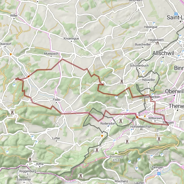 Miniaturekort af cykelinspirationen "Grusvejscykelrute nær Ettingen" i Nordwestschweiz, Switzerland. Genereret af Tarmacs.app cykelruteplanlægger