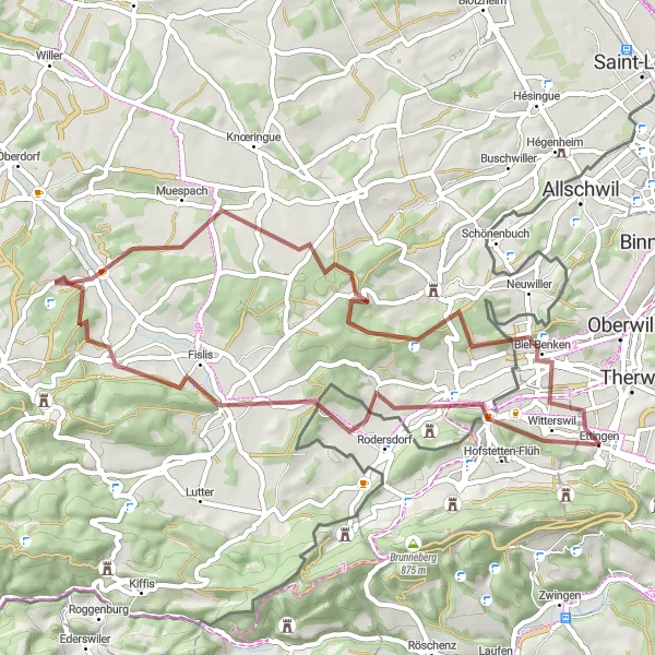 Miniatura della mappa di ispirazione al ciclismo "Escursione in bicicletta da Ettingen a Biel-Benken" nella regione di Nordwestschweiz, Switzerland. Generata da Tarmacs.app, pianificatore di rotte ciclistiche