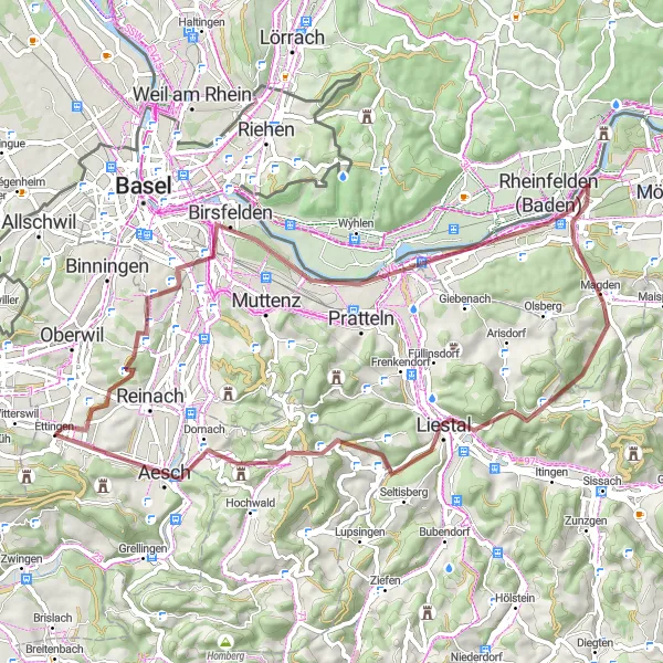 Kartminiatyr av "Grustur med historiska sevärdheter och natursköna platser" cykelinspiration i Nordwestschweiz, Switzerland. Genererad av Tarmacs.app cykelruttplanerare