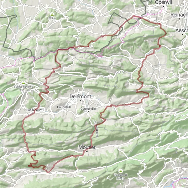Zemljevid v pomanjšavi "Gravel kolesarska pot skozi Nordwestschweiz" kolesarske inspiracije v Nordwestschweiz, Switzerland. Generirano z načrtovalcem kolesarskih poti Tarmacs.app