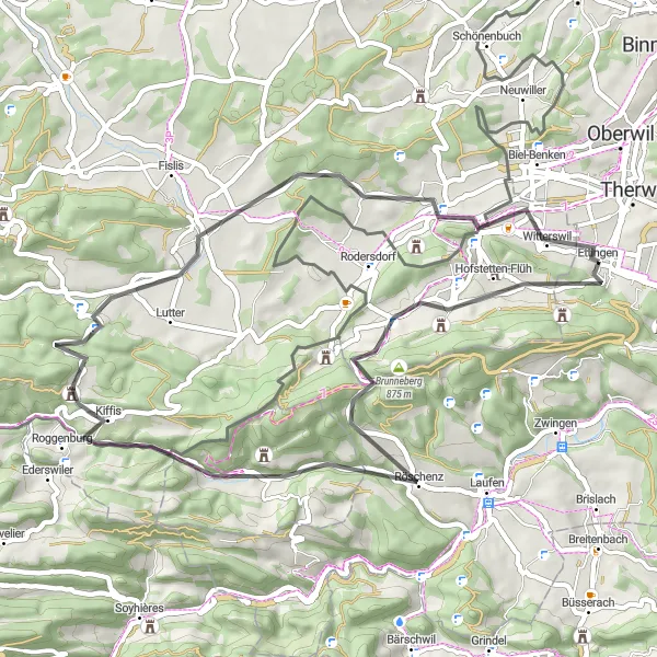 Zemljevid v pomanjšavi "Kolesarska pot okoli Ettingena" kolesarske inspiracije v Nordwestschweiz, Switzerland. Generirano z načrtovalcem kolesarskih poti Tarmacs.app