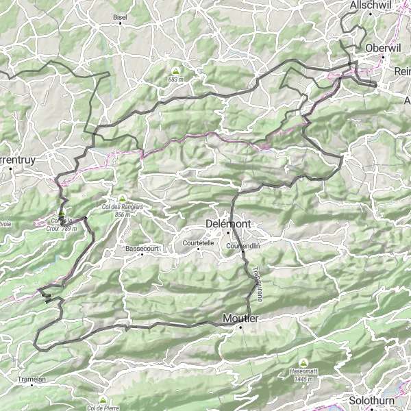 Zemljevid v pomanjšavi "Poteza Jura - zvita cesta" kolesarske inspiracije v Nordwestschweiz, Switzerland. Generirano z načrtovalcem kolesarskih poti Tarmacs.app