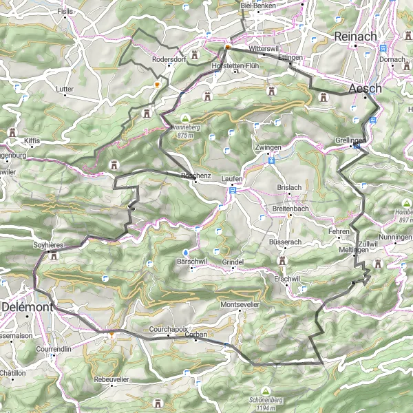 Zemljevid v pomanjšavi "Cestno kolesarjenje med griči in dolinami" kolesarske inspiracije v Nordwestschweiz, Switzerland. Generirano z načrtovalcem kolesarskih poti Tarmacs.app