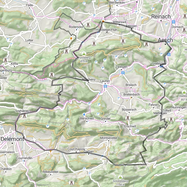 Miniatua del mapa de inspiración ciclista "Ruta Escénica por Caminos Asfaltados" en Nordwestschweiz, Switzerland. Generado por Tarmacs.app planificador de rutas ciclistas