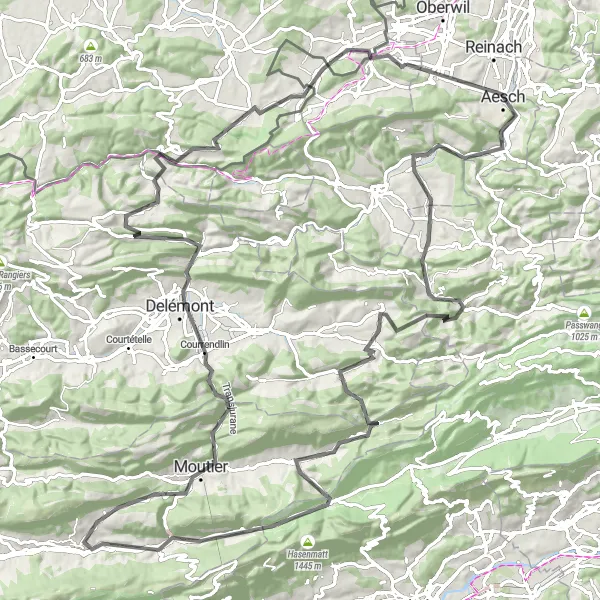 Miniature de la carte de l'inspiration cycliste "Parcours cycliste panoramique de Zwingen à La Joux" dans la Nordwestschweiz, Switzerland. Générée par le planificateur d'itinéraire cycliste Tarmacs.app