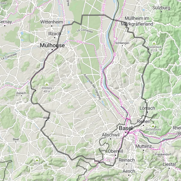 Miniatura della mappa di ispirazione al ciclismo "Avventura ciclistica attraverso Mulhouse e Basilea" nella regione di Nordwestschweiz, Switzerland. Generata da Tarmacs.app, pianificatore di rotte ciclistiche