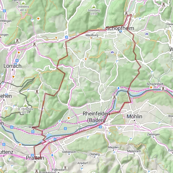 Map miniature of "Frenkendorf Gravel Adventure" cycling inspiration in Nordwestschweiz, Switzerland. Generated by Tarmacs.app cycling route planner