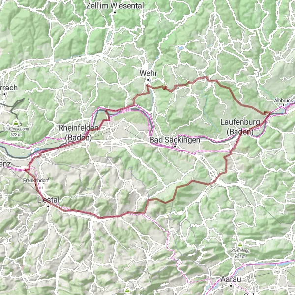 Map miniature of "Rheinfelden Gravel Delight" cycling inspiration in Nordwestschweiz, Switzerland. Generated by Tarmacs.app cycling route planner