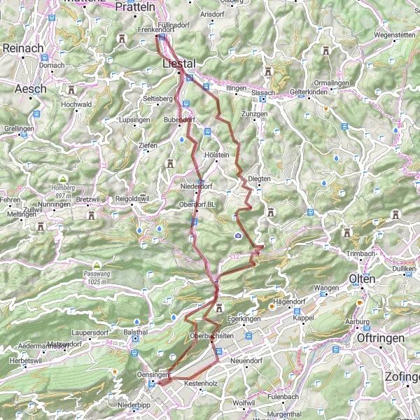 Miniatura della mappa di ispirazione al ciclismo "Giro in Gravel delle Colline della Nordwestschweiz" nella regione di Nordwestschweiz, Switzerland. Generata da Tarmacs.app, pianificatore di rotte ciclistiche